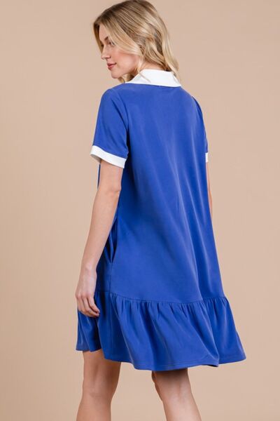Ces Femme Ruffled Hem Johnny Collar Short Sleeve Dress