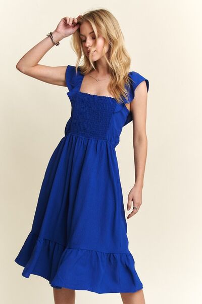 ADORA Smocked Square Neck Ruffled Cap Sleeve Dress
