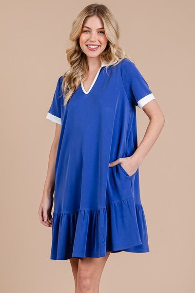 Ces Femme Ruffled Hem Johnny Collar Short Sleeve Dress