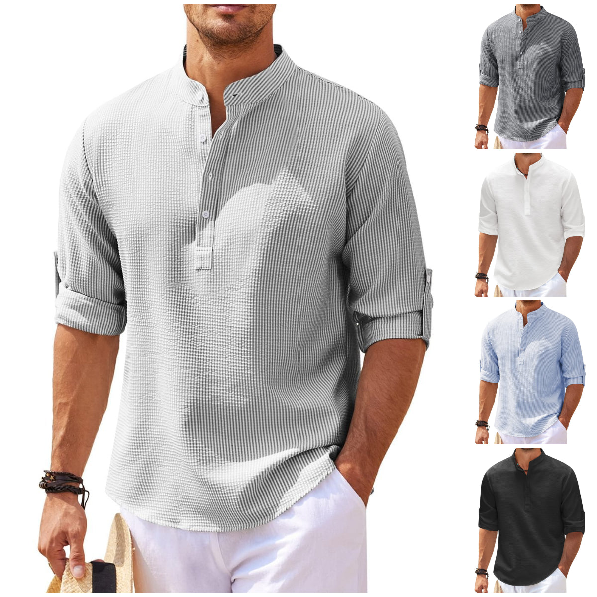 Men's Stand Collar Open Button Shirt Casual Shirt Tops