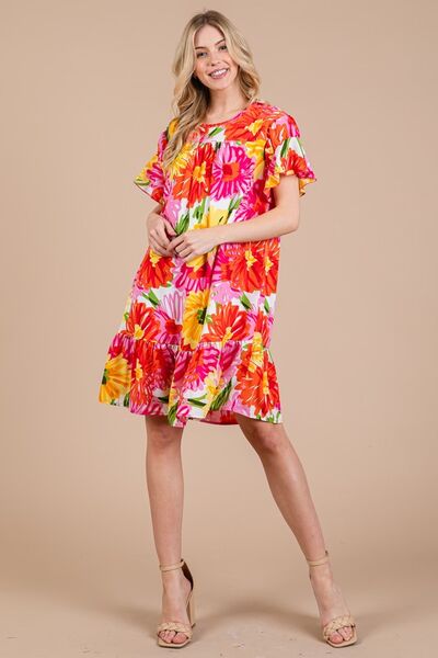 Ces Femme Floral Ruffled Short Sleeve Dress