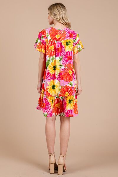 Ces Femme Floral Ruffled Short Sleeve Dress