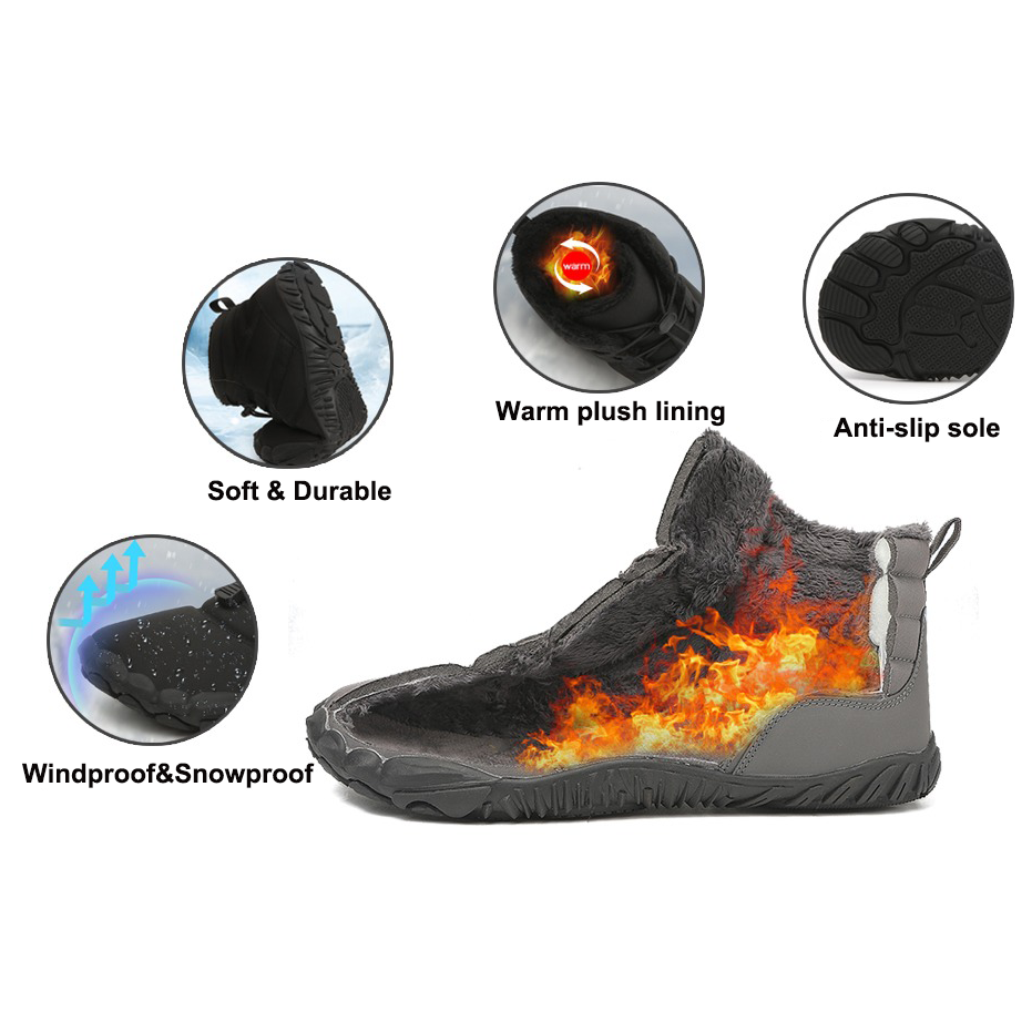 Men's Warm Fleece Barefoot Boots Wide Toe Orthopedic Support Snow Boots Waterproof Non-Slip Winter Boots