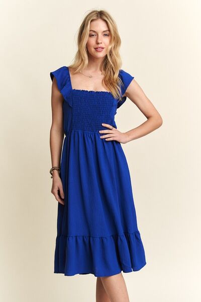 ADORA Smocked Square Neck Ruffled Cap Sleeve Dress