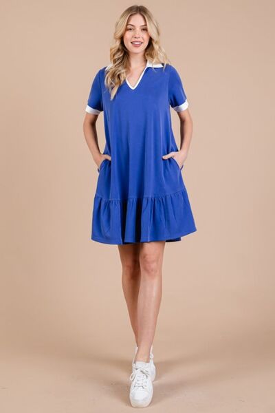 Ces Femme Ruffled Hem Johnny Collar Short Sleeve Dress