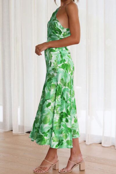 Ruched Printed Single Shoulder Midi Dress